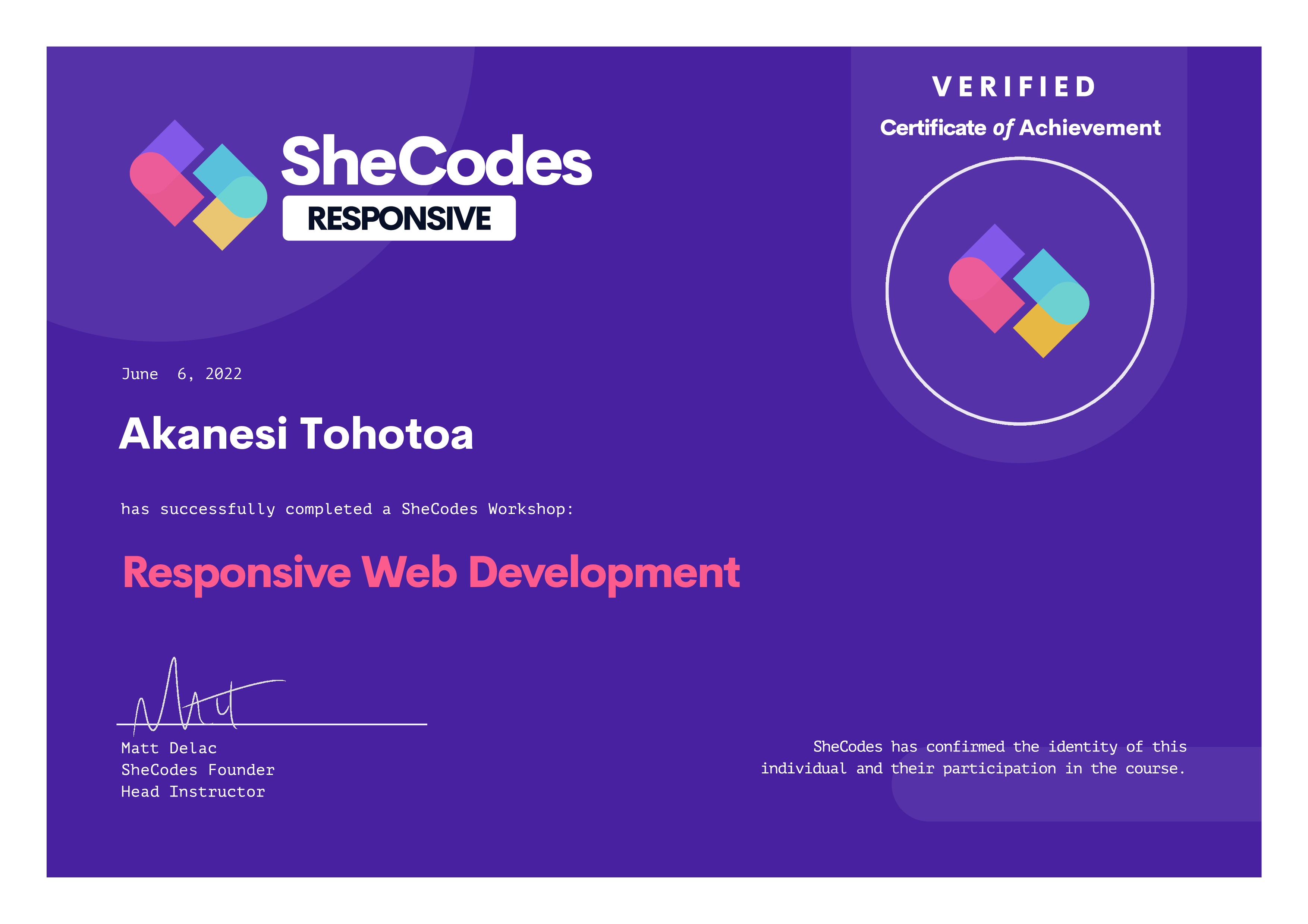 SheCodes Basics Certificate Photo